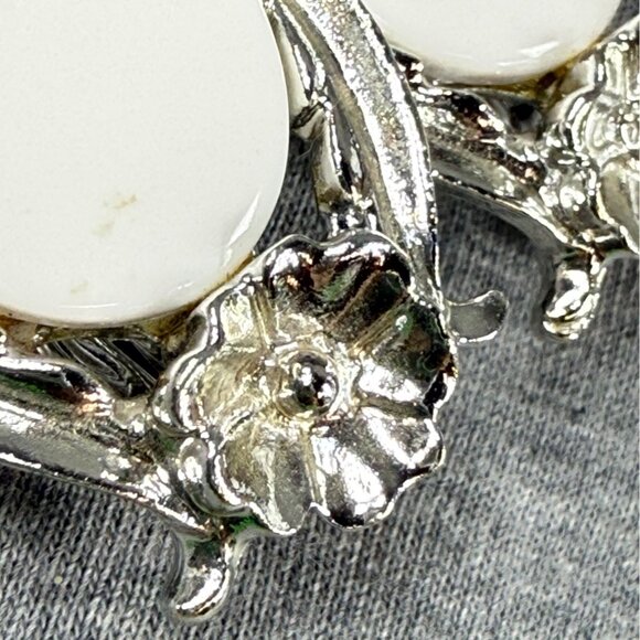 Vintage Silver-Tone Clip-On Earrings With Floral Design & White Oval Accents - Picture 12 of 16